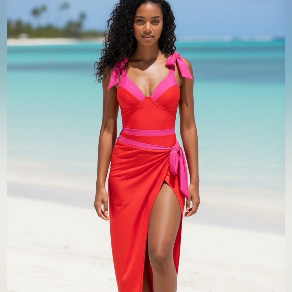 Women's One Piece Swimsuit with Beach Cover up Wrap Skirt Sarong Bikini Set